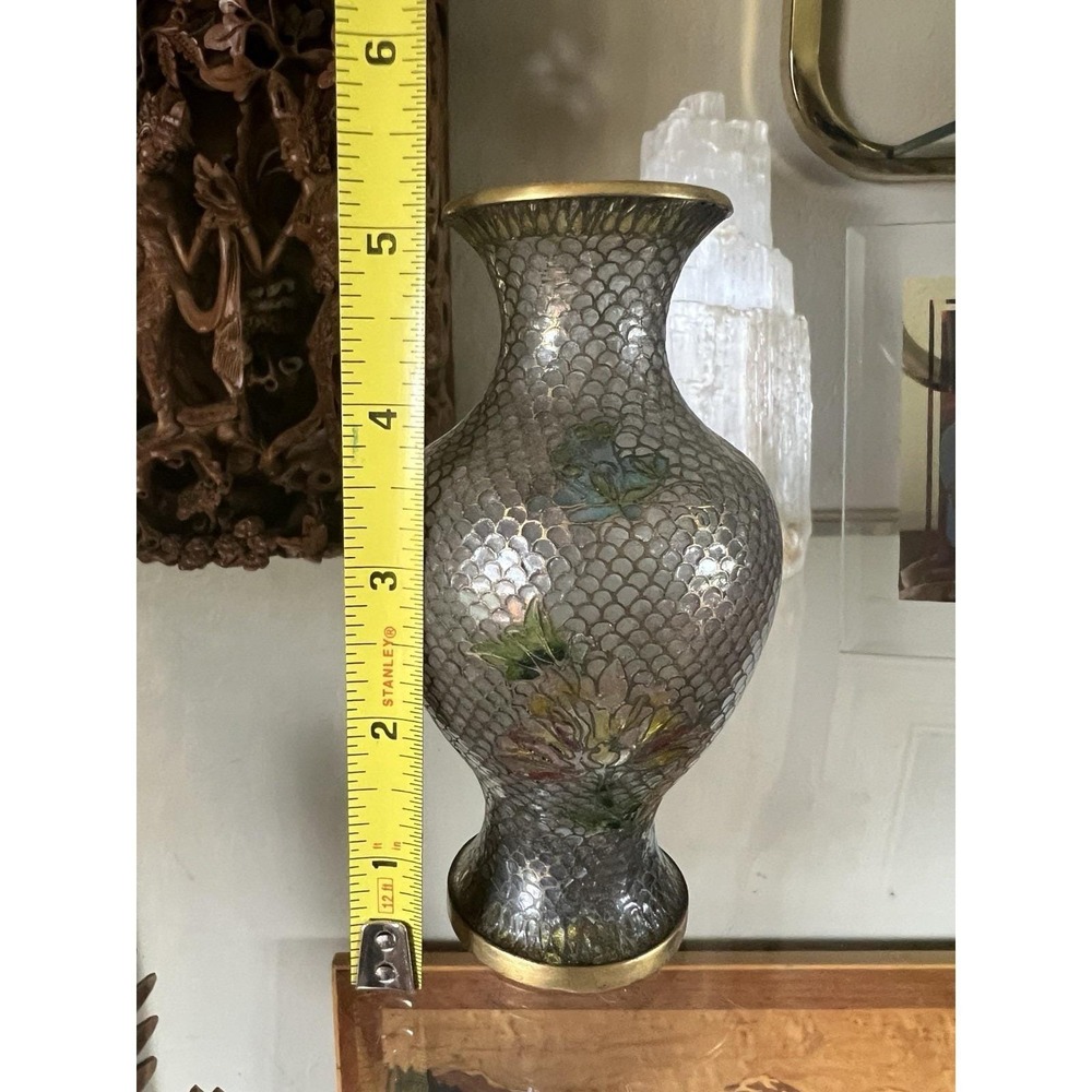 Vintage Cloisonne Enamel Floral Vase Silver Fish Scale Pattern Turquoise Base 5" - Picture 4 of 11